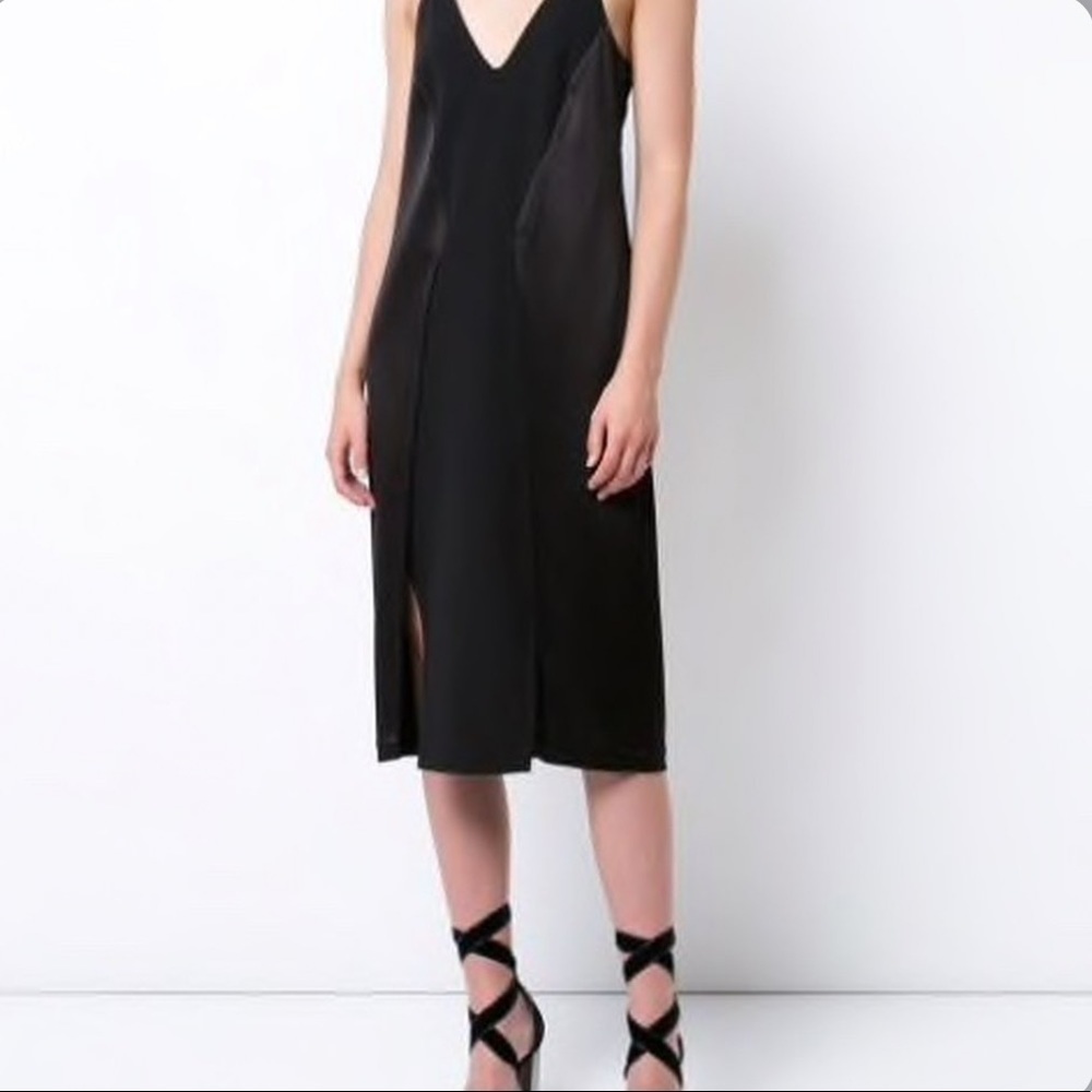 Halston Black Satin Sheer Deep V Neck Slip Dress